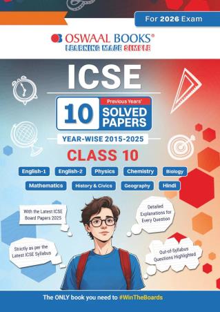 Book cover number 1 for Oswaal ICSE 10 Previous Years' Solved papers yearwise 2015-2025 Class 10 (For 2026 Exam) written by NA published by Oswaal Books