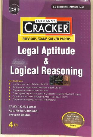 Book cover number 1 for Taxmann's Cracker Legal Aptitude & Logical Reasoning (Previous Exams Solved Papers) CSEET Paper 2 written by K. M. Bansal, Ritika Godhwani, Praveen Baldua published by Taxmann Publications Pvt. Ltd.