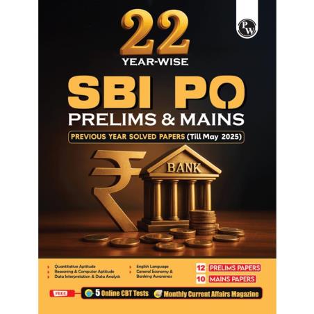 Book cover number 1 for 22 Year - Wise SBI PO Prelims & Mains Previous Year Solved Papers (Till May 2025) written by NA published by Physicswallah Private Limited