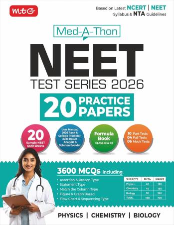 Book cover number 1 for Med-A-Thon NEET Test Series 2026 20 Practice Papers (3600 MCQs) Physics, Chemistry, Biology written by NA published by MTG Learning Media (P) Ltd.