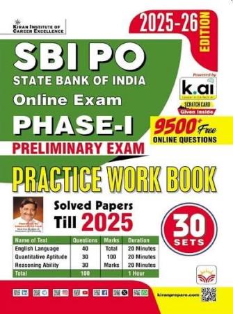 Book cover number 1 for SBI PO Phase 1 Preliminary Exam Practice Work Book 30 Sets (2025-26 Edition) written by NA published by Kiran Institute Of Career Excellence Pvt. Ltd.