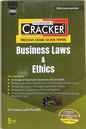 Book cover number 1 for Taxmann's Cracker Business Laws & Ethics (Dec 2025 / 2026 Exams Grup 1 Paper 5) written by Leena Lalit Parakh published by Taxmann Publications Pvt. Ltd.