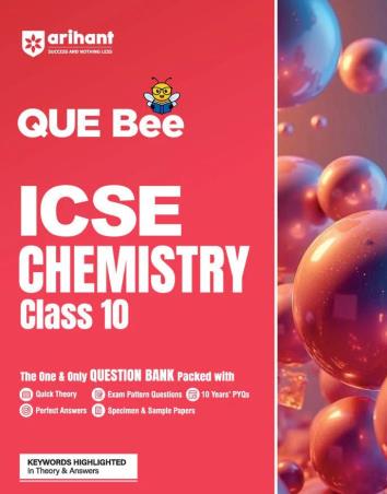 Book cover number 1 for QUE Bee ICSE Chemistry Class 10 written by Arun Sharma, Tarnija Midha published by Arihant Prakashan