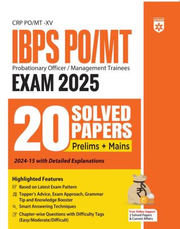 Book cover number 1 for IBPS PO/ MT (Exam 2025) 20 Solved Papers written by Varun Bali, Rishabh khurana, Anshu Singh published by Arihant Publications (India) Limited