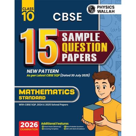 Book cover number 1 for CBSE 15 Sample Question Papers Class 10 Mathematics Standard (2026 Examination) written by NA published by Physicswallah Private Limited