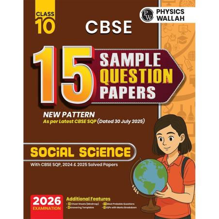 Book cover number 1 for CBSE 15 Sample Question Papers Class 10 Social Science (2026 Examination) written by NA published by Physicswallah Private Limited