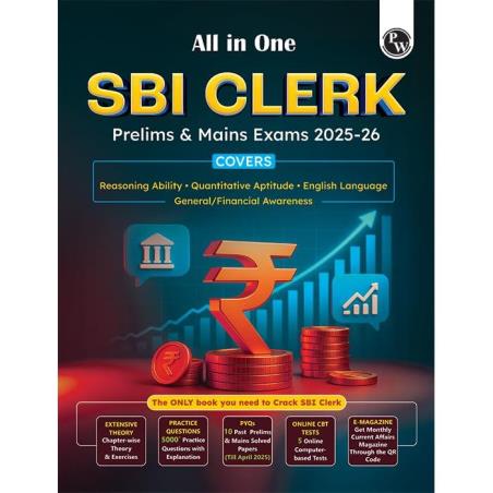 Book cover number 1 for All in One SBI Clerk Prelims & Mains Exams 2025-26 written by NA published by Physicswallah Private Limited