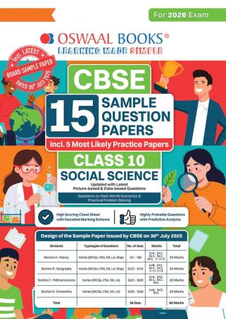 Book cover number 1 for Oswaal CBSE 15 Sample Question Papers Class 10 Social Science (For 2026 Exam) written by NA published by Oswaal Books